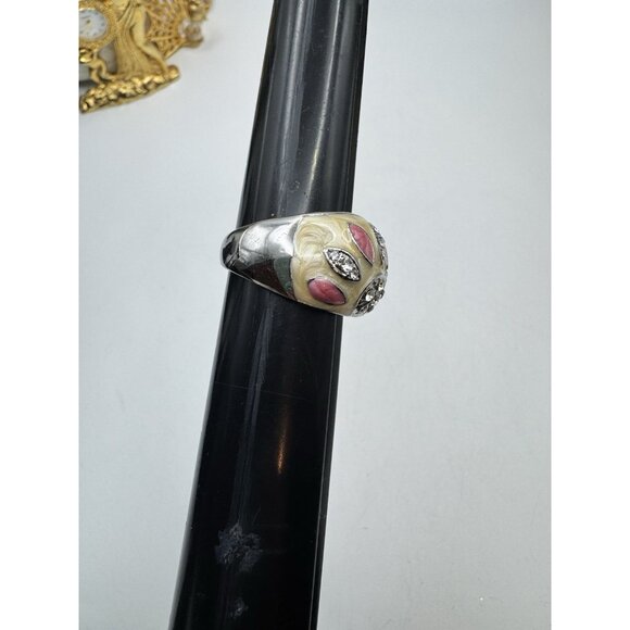 Pretty Costume Jewelry Ring Silver Tone And Enamel Whit Rhinestone  Ring Sz 10 - Picture 4 of 12